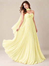 Sweetheart Neckline Pleated Prom Dress Strapless A-line Formal Dress with Flowy Scarf