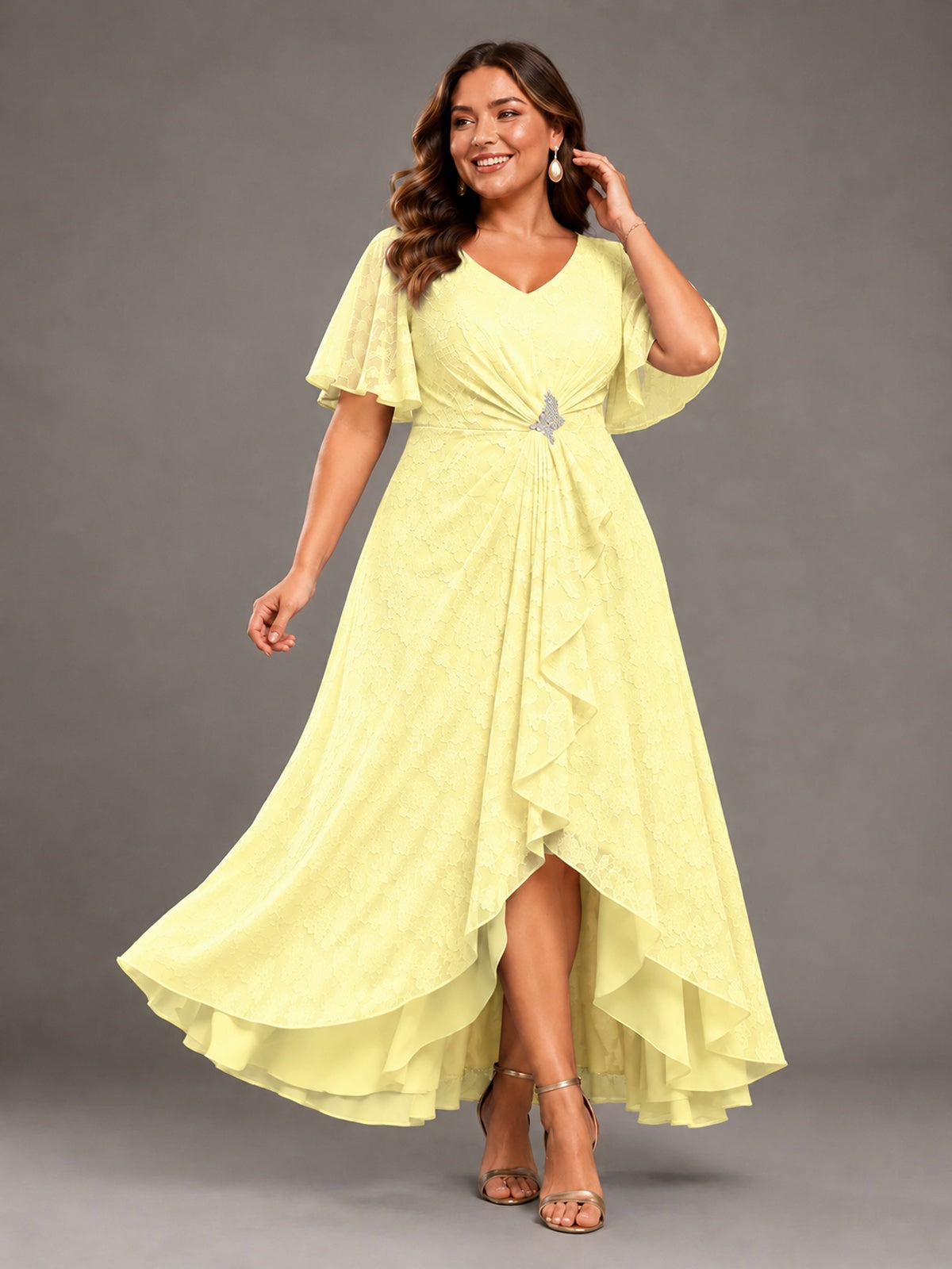 Jacquard Chiffon A-Line V-Neck High-Low Mother of the Bride Dress