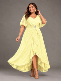 Jacquard Chiffon A-Line V-Neck High-Low Mother of the Bride Dress