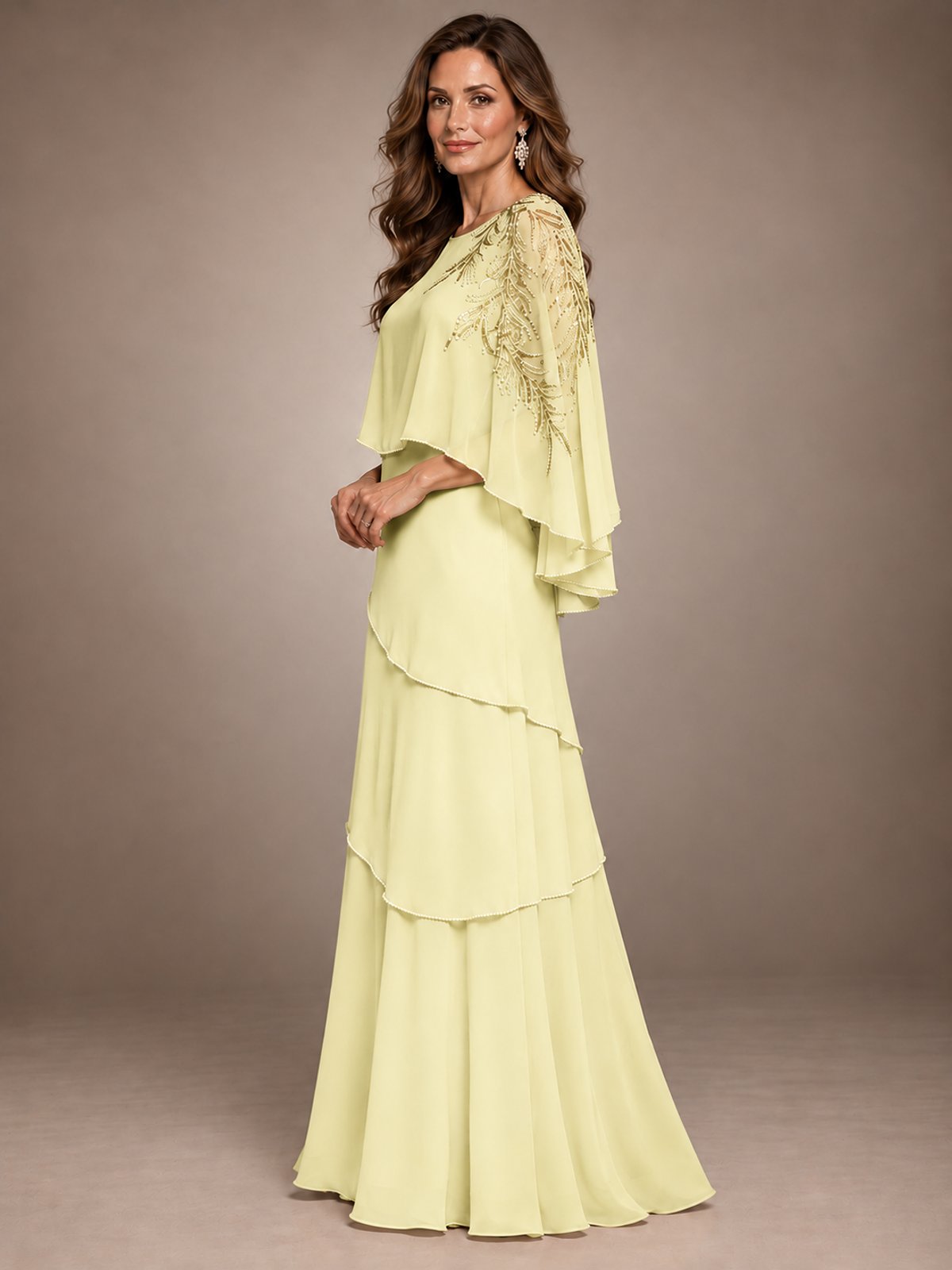 Elegant Chiffon Cape Sleeve Beaded Mother of the Bride Dress