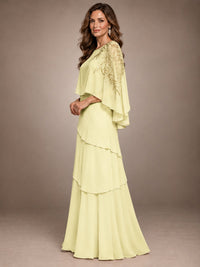 Elegant Chiffon Cape Sleeve Beaded Mother of the Bride Dress