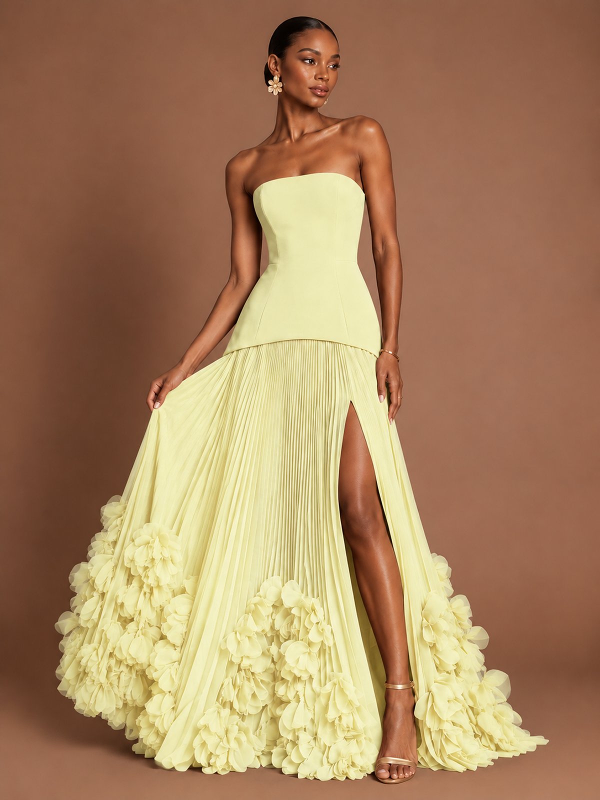 Strapless Pleated Floral Satin Formal Dress with Side Slit