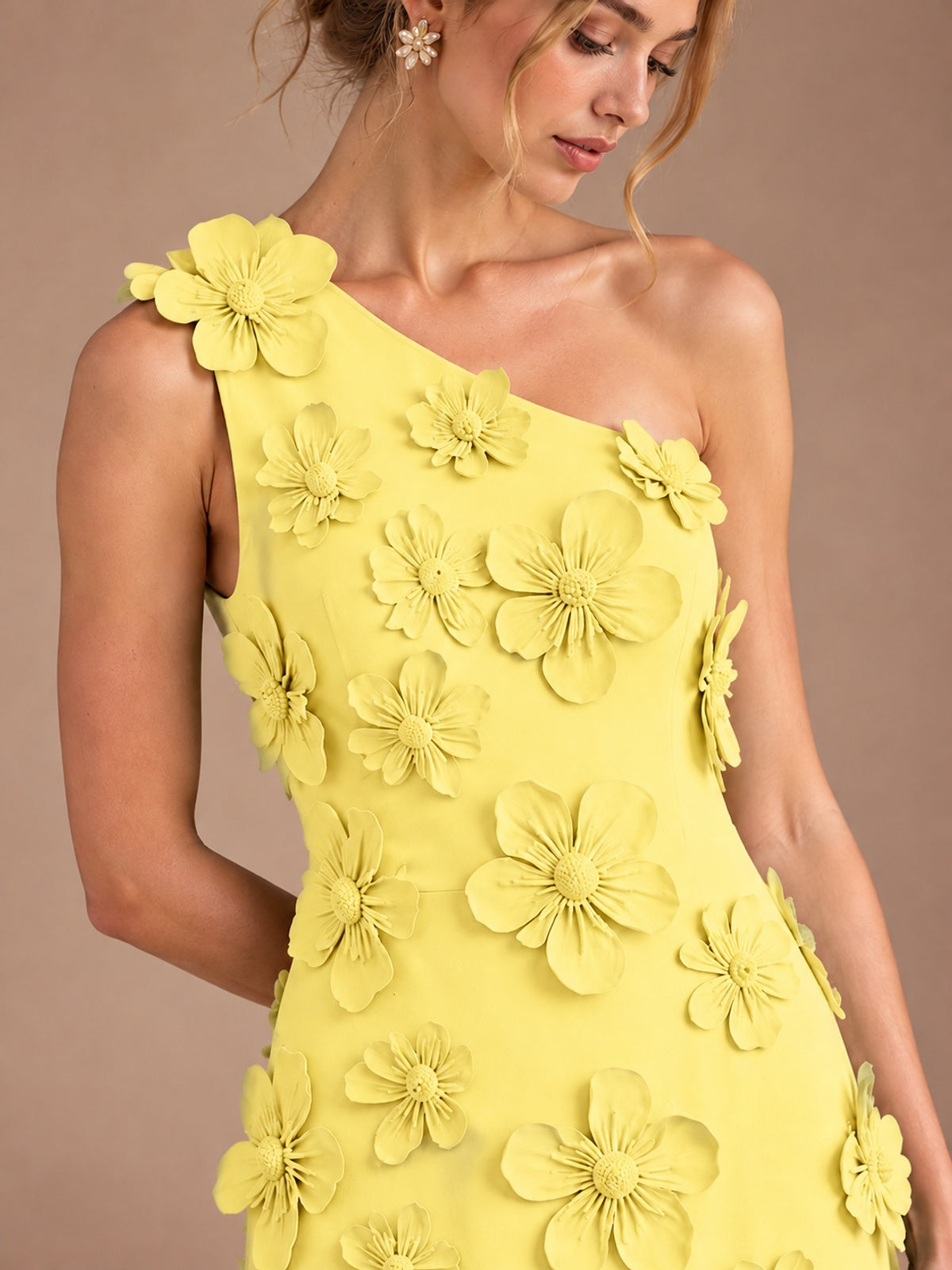 Sage Green One Shoulder Satin Formal Maxi Dress with 3D Floral