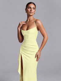 Square Neck Satin Long Prom Dress with Ruffles