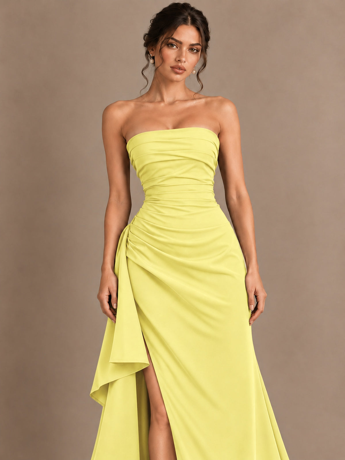Black and White Strapless Ruched Prom Dress with High Slit & Side Drape