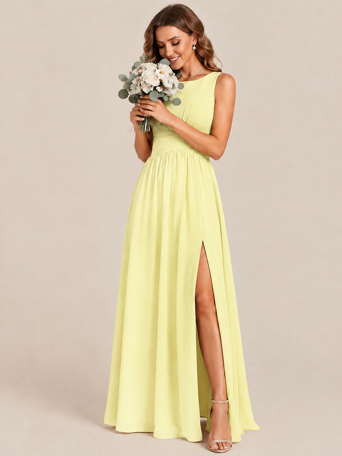 A-line Sleeveless Rucehd Chiffon Bridesmaid Dress with High Slit
