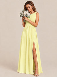 A-line Sleeveless Rucehd Chiffon Bridesmaid Dress with High Slit