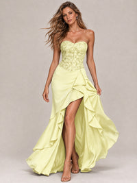 Strapless Lace Appliques Corset Satin Prom Dress Ruffle Slit Evening Gown