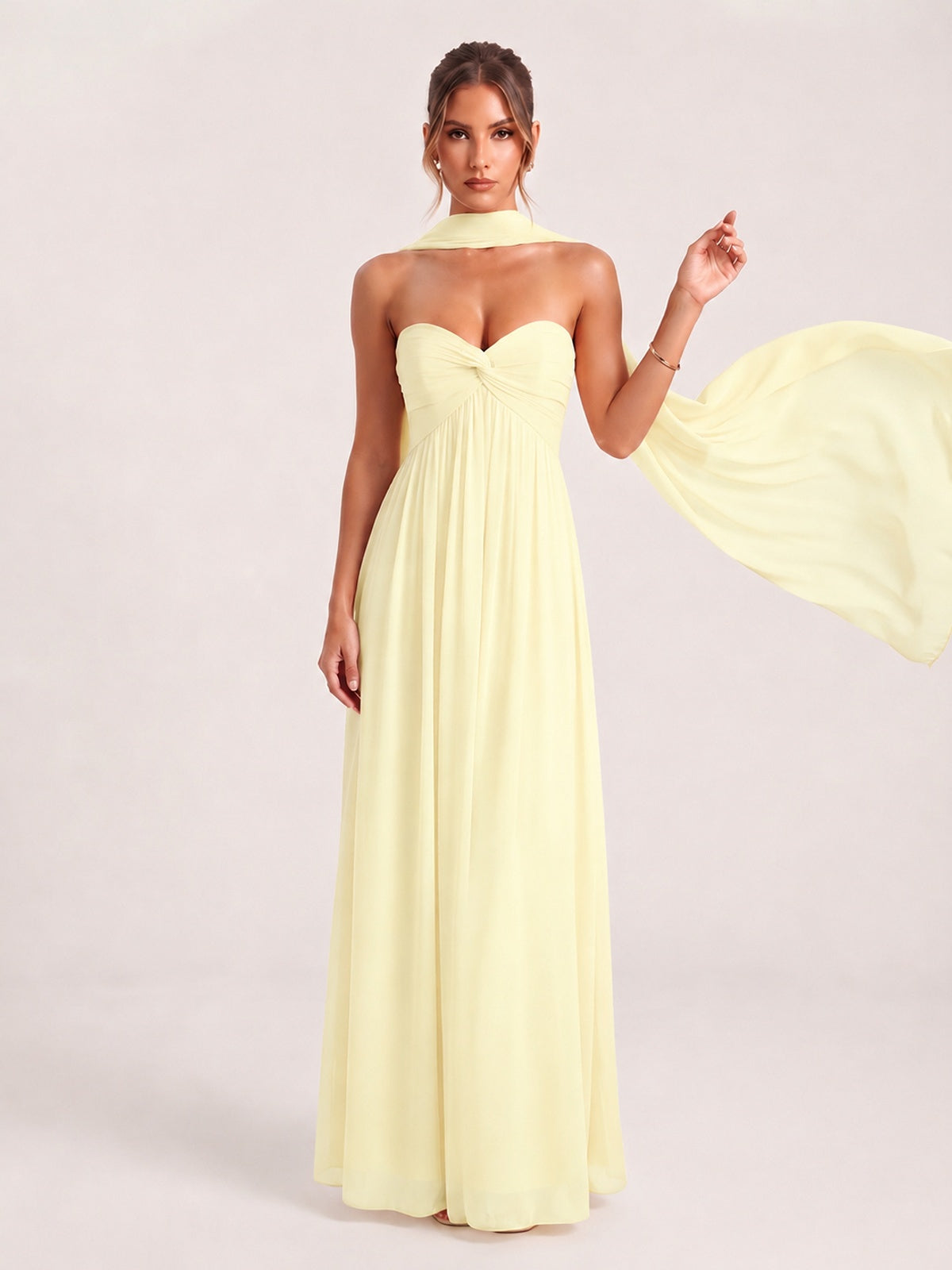 Strapless Ruched Chiffon Long Prom Dress with Scarf