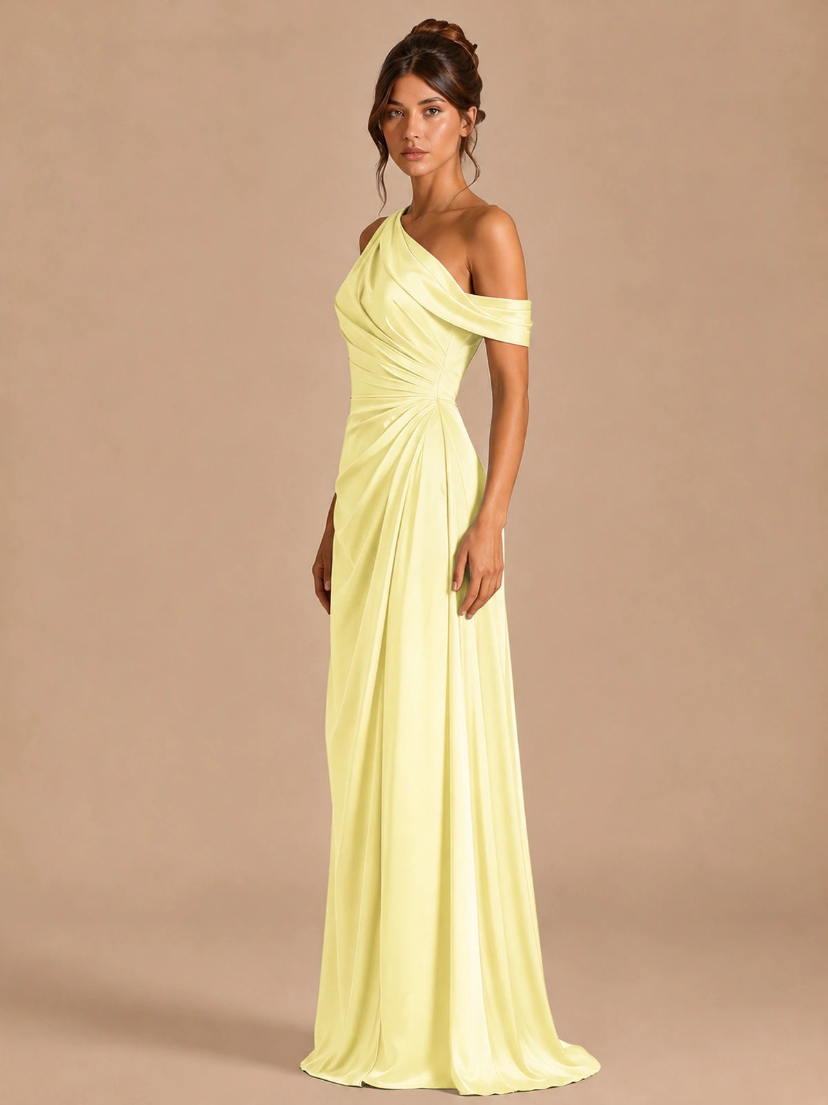 Satin One Shoulder Prom Dress Ruched Long Formal Evening Gown