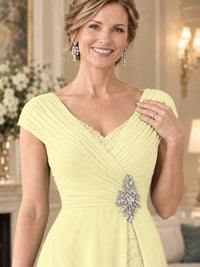 Pleated Chiffon Lace Mother of The Bride Dresses with Beading Cap Sleeves