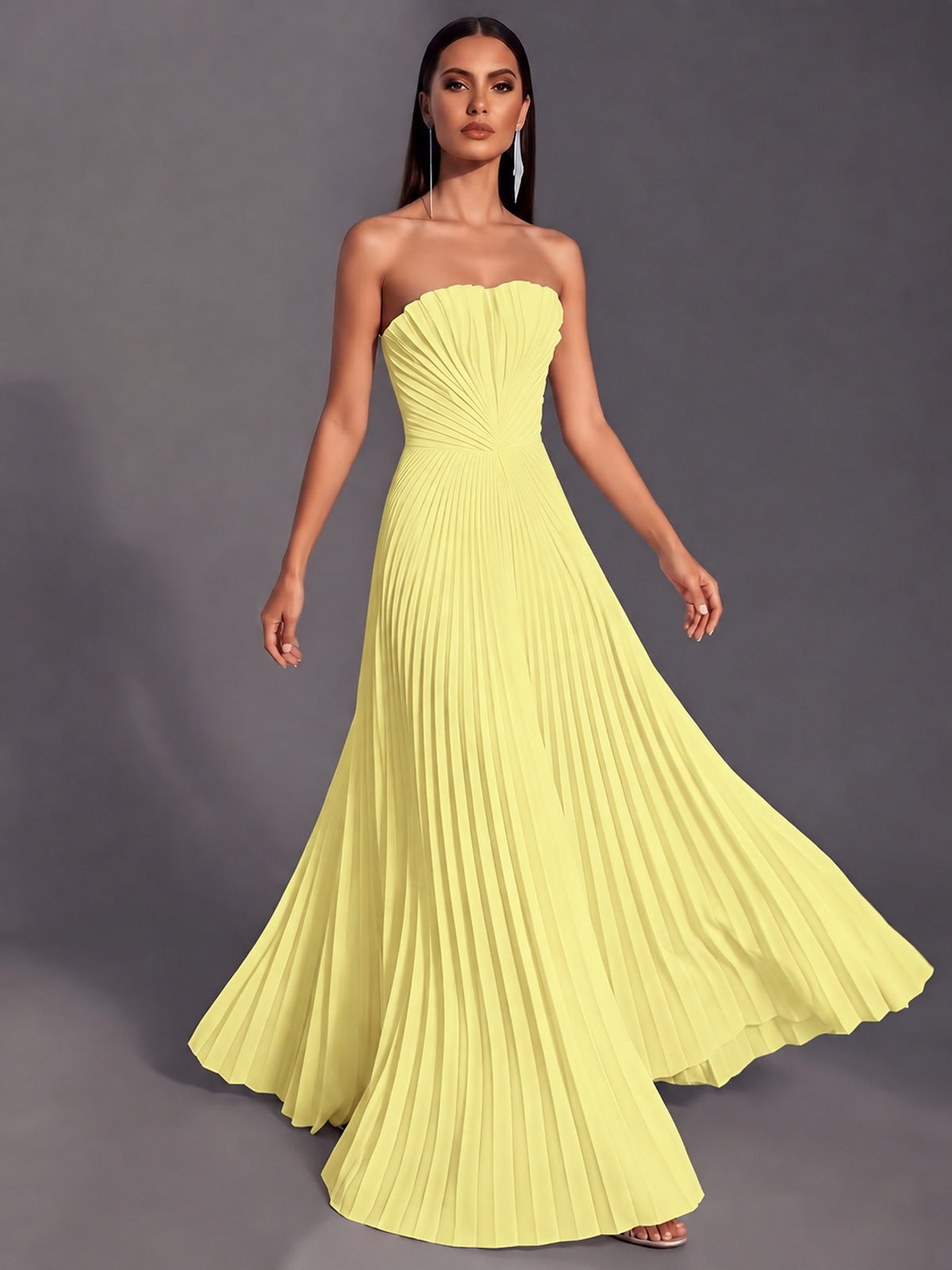 Strapless A-line Long Pleated Satin Prom Dress