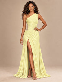 Burgundy One Shoulder Ruched Prom Dress with High Slit & Beaded Waist