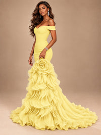 Dusty Blue Off-the-Shoulder Mermaid Prom Dress with 3D Rose & Ruffles