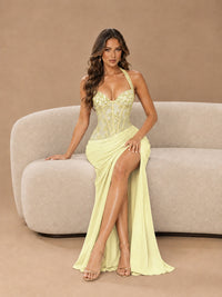 Sweetheart Halter Prom Dress Pleated Lace Floral Formal Dress with Slit
