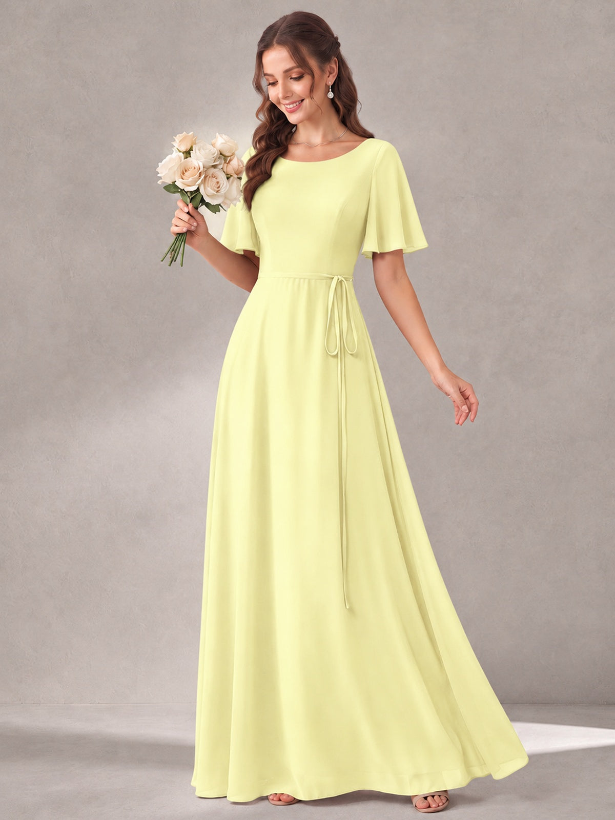 Scoop Neck A-line Chiffon Bridesmaid Dress with Flutter Sleeve & Belt