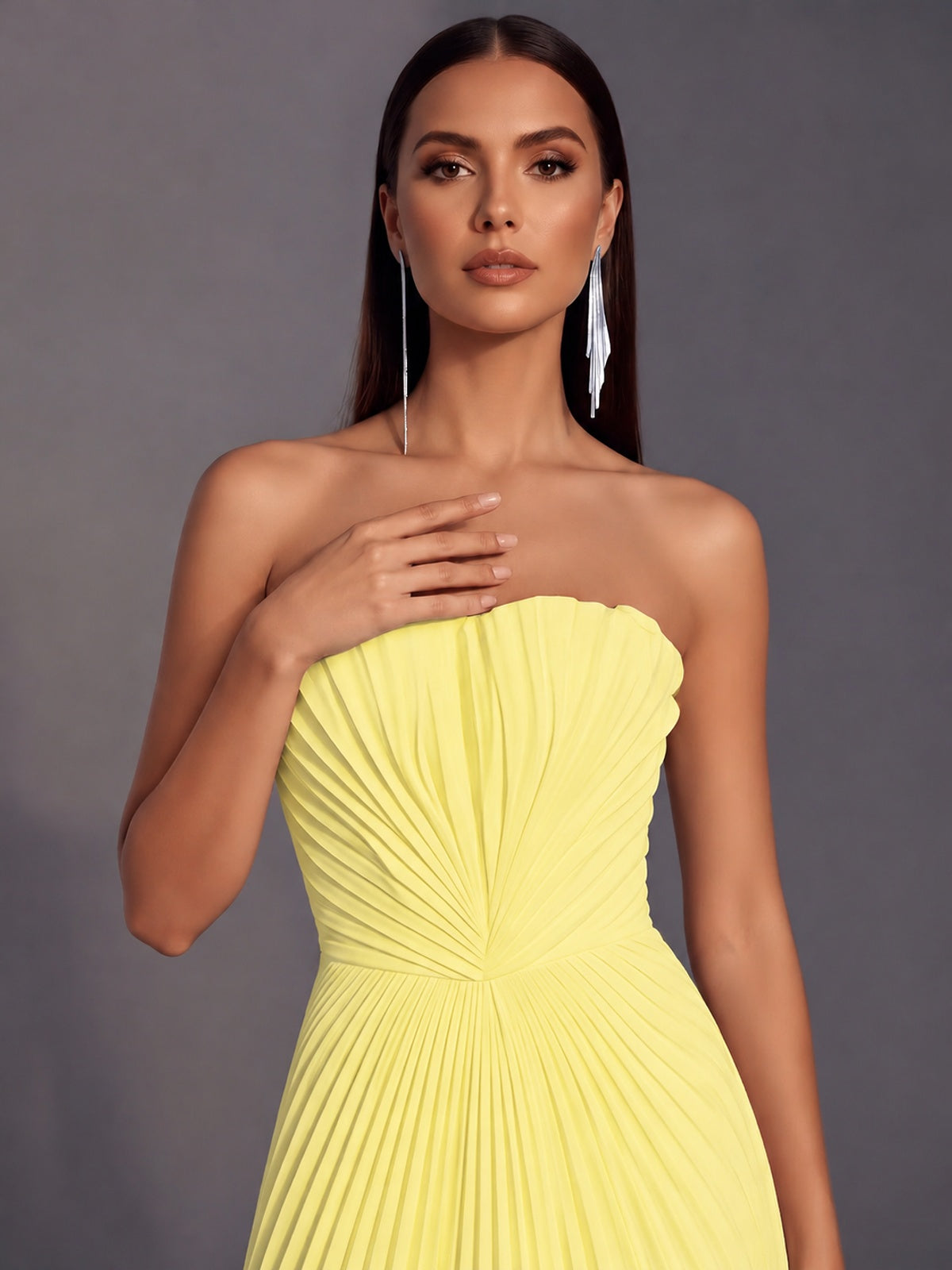Strapless A-line Long Pleated Satin Prom Dress