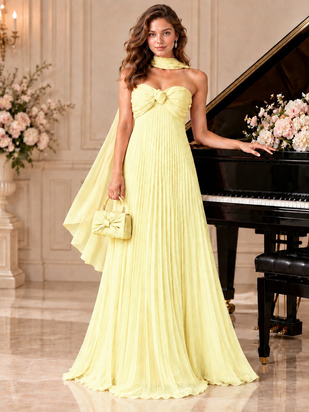 Sweetheart Neckline Pleated Prom Dress Strapless A-line Formal Dress with Flowy Scarf