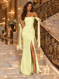Off The Shuolder Satin Prom Dress Slit Mermaid Formal Gowns