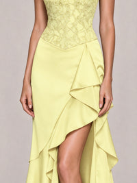 Strapless Lace Appliques Corset Satin Prom Dress Ruffle Slit Evening Gown