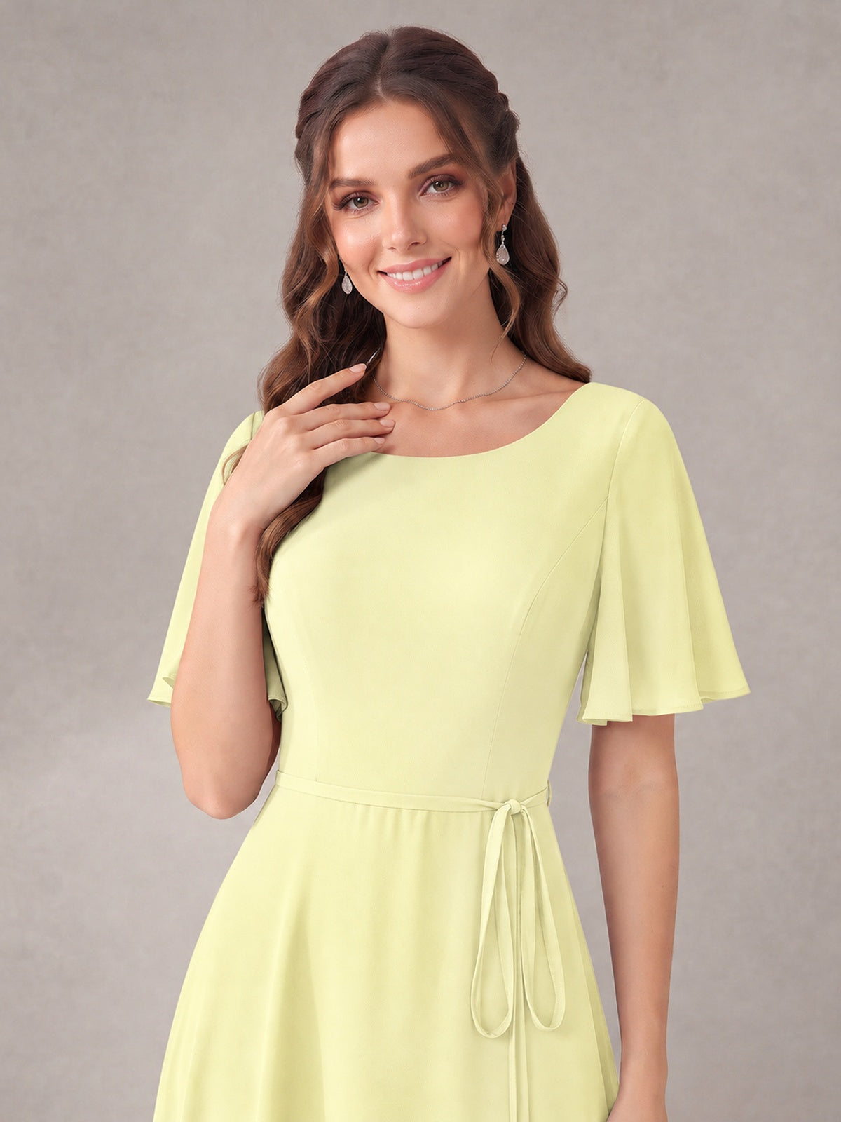 Scoop Neck A-line Chiffon Bridesmaid Dress with Flutter Sleeve & Belt