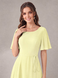 Scoop Neck A-line Chiffon Bridesmaid Dress with Flutter Sleeve & Belt