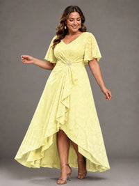 Jacquard Chiffon A-Line V-Neck High-Low Mother of the Bride Dress