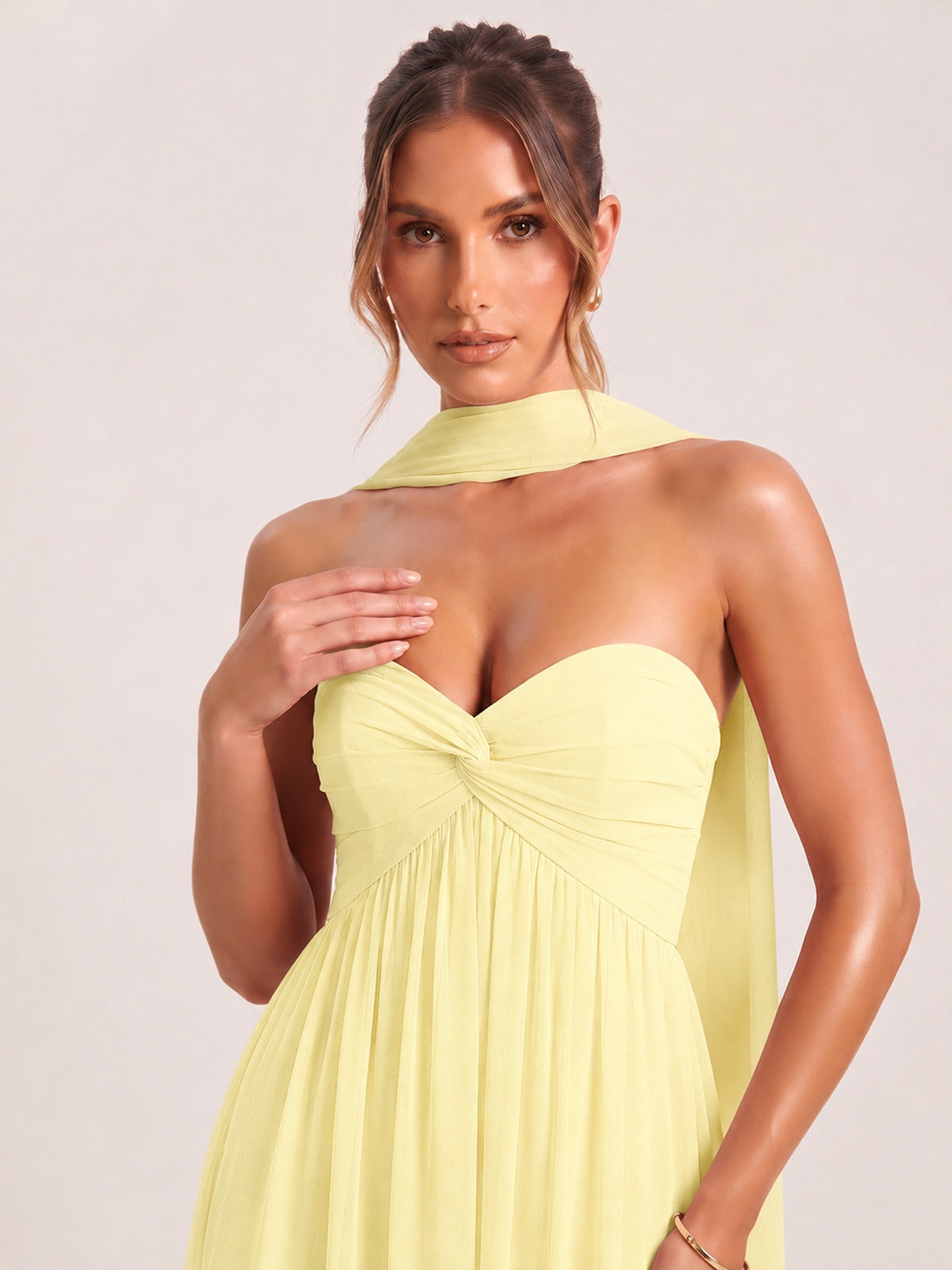 Strapless Ruched Chiffon Long Prom Dress with Scarf