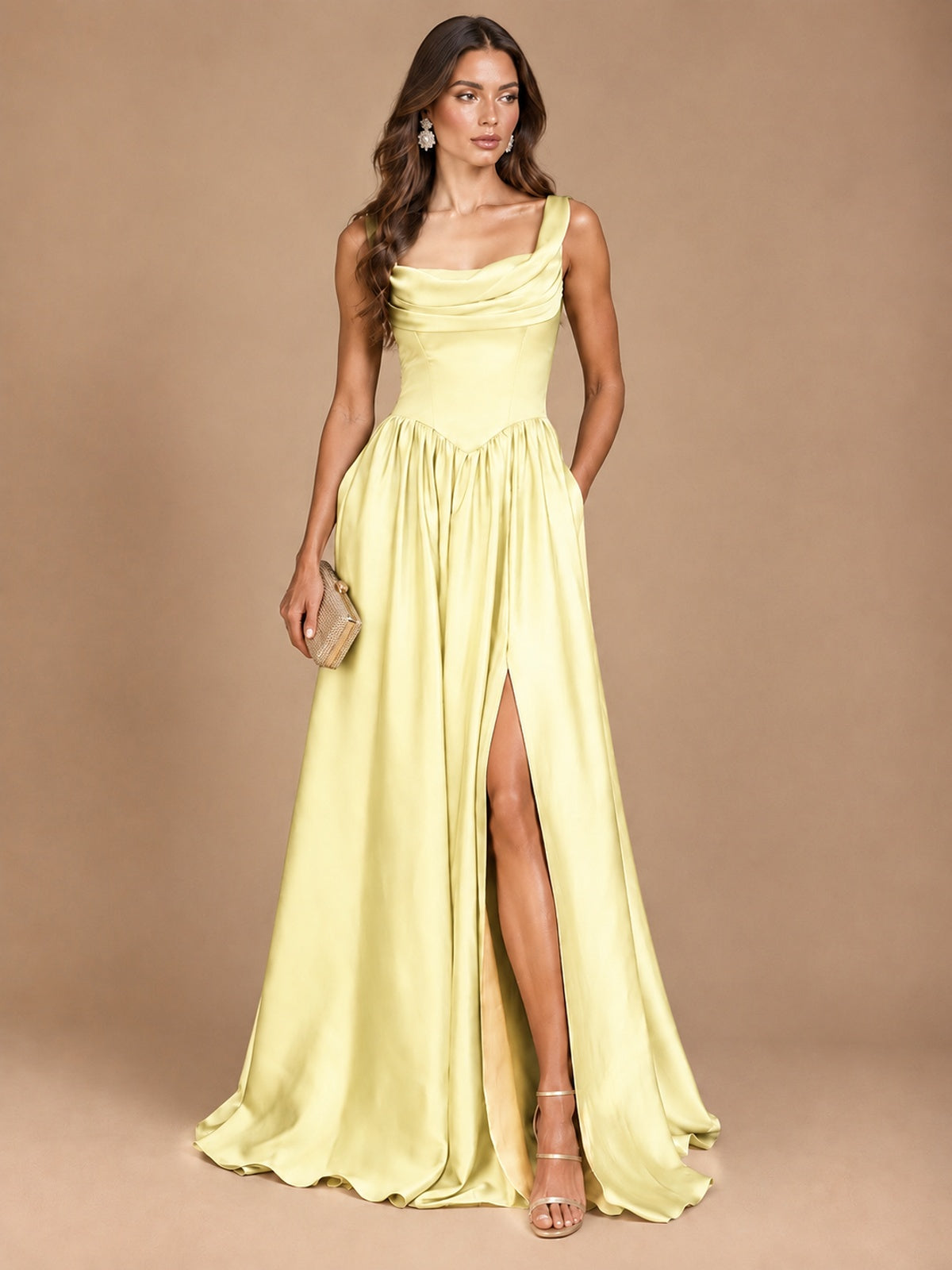 Cowl Neck Pleated Satin Prom Dress with Pockets & Slit Maxi Formal Gowns
