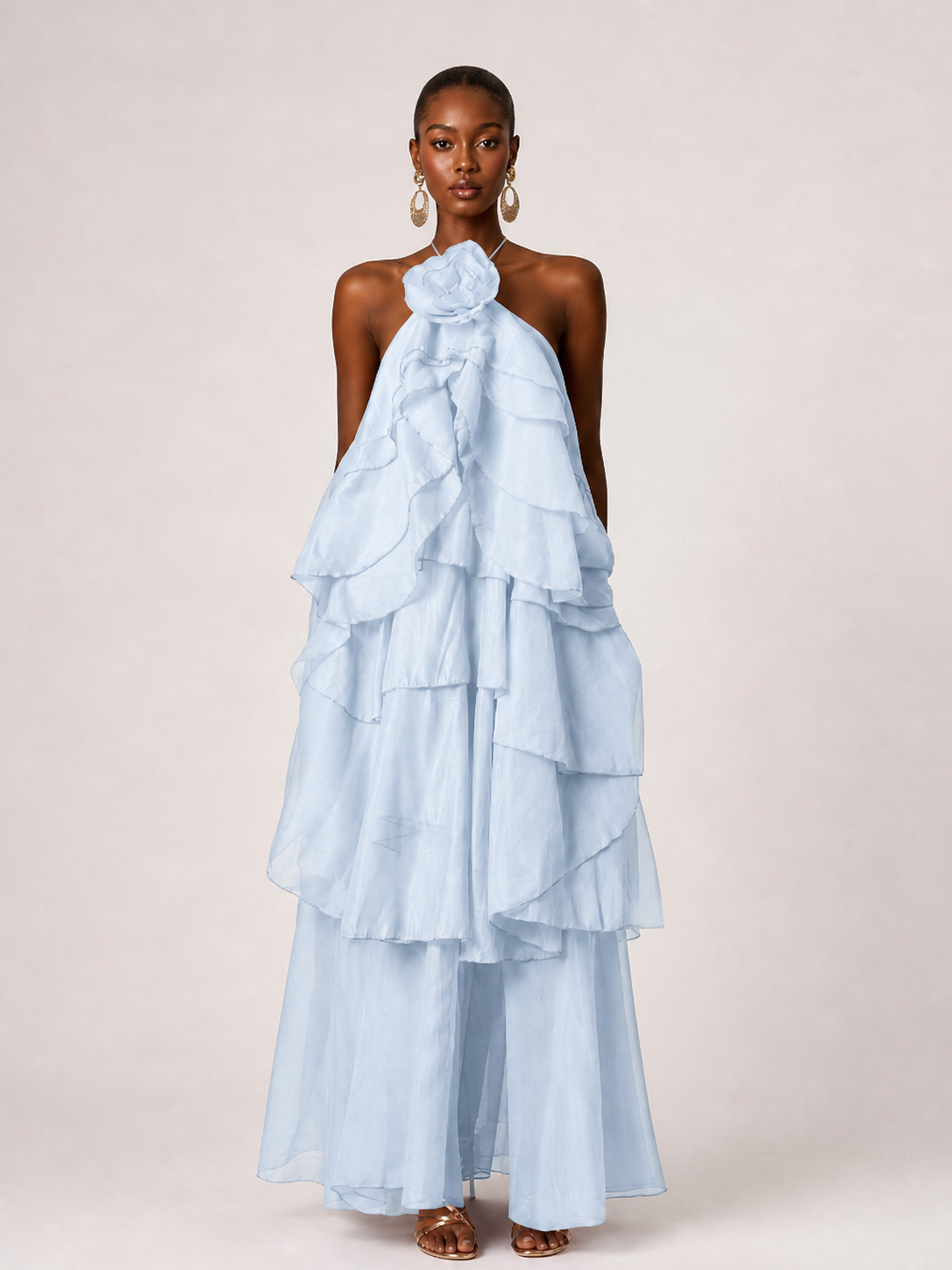Orange Chiffon Halter Ruffle Maxi Dress with 3D Flower
