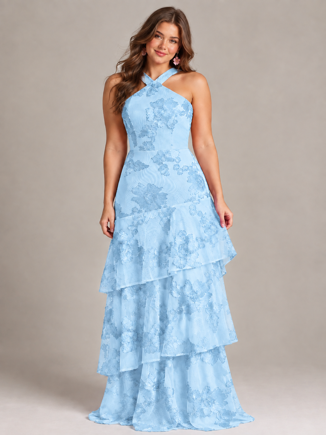 Hot Pink Halter Floral Applique Maxi Dress