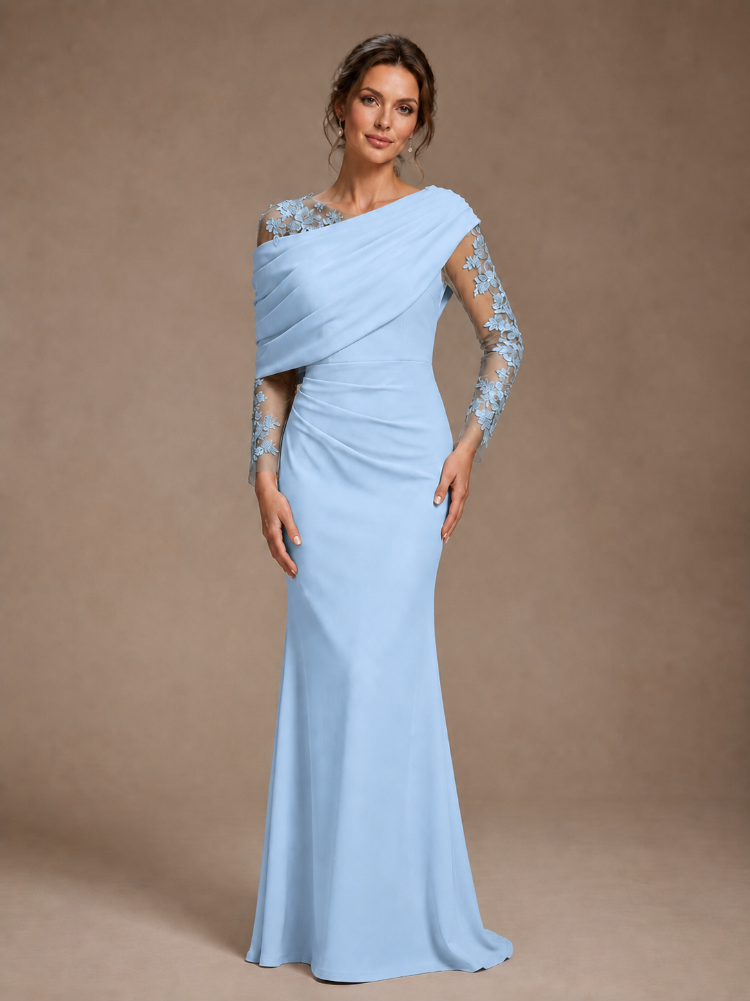 Dusty Rose Illusion Long Sleeve Chiffon Applique Mother of The Bride Dress