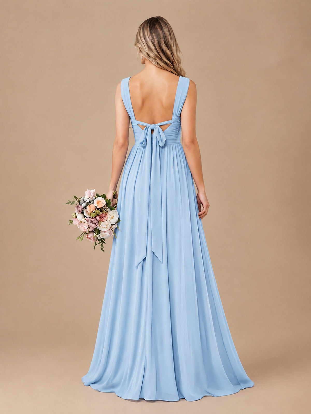 Pleated Chiffon V Neck Wedding Bridesmaid Dresses Floor Length with Slit