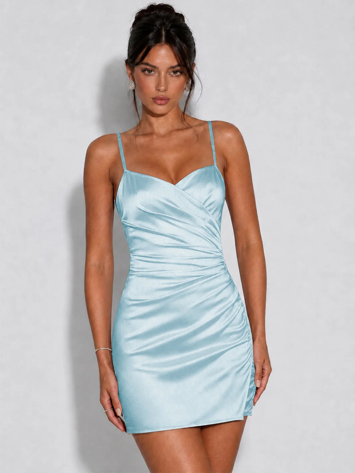 Satin Ruched Spaghetti Strap Homecoming Dress