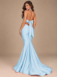 Pink Halter Deep V-Neck Ruched Mermaid Prom Dress