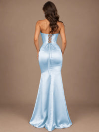 Dusty Blue Strapless Lace Corset Prom Dress with High Slit