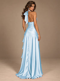 Burgundy Halter Deep V-Neck Ruched High Slit Ruffle Prom Dress