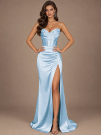 Dusty Blue Strapless Lace Corset Prom Dress with High Slit
