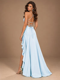 Burgundy Spaghetti Strap Ruched Prom Dress with Ruffled High Slit