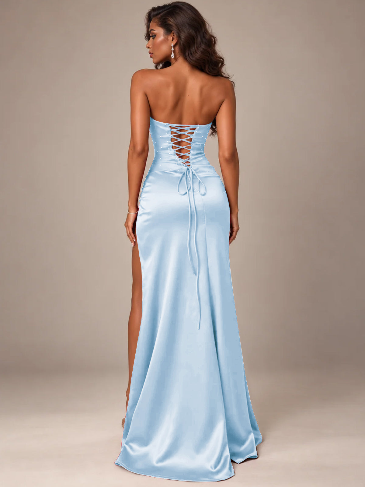 Burgundy Strapless Sparkly Corset Prom Dress with High Slit