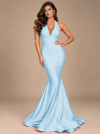 Pink Halter Deep V-Neck Ruched Mermaid Prom Dress