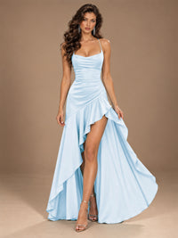 Burgundy Spaghetti Strap Ruched Prom Dress with Ruffled High Slit
