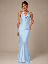 Olive Green Halter Satin Mermaid Maxi Dress