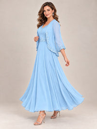 Dusty Blue Floral Lace Chiffon Mother of the Bride Dress with Jacket