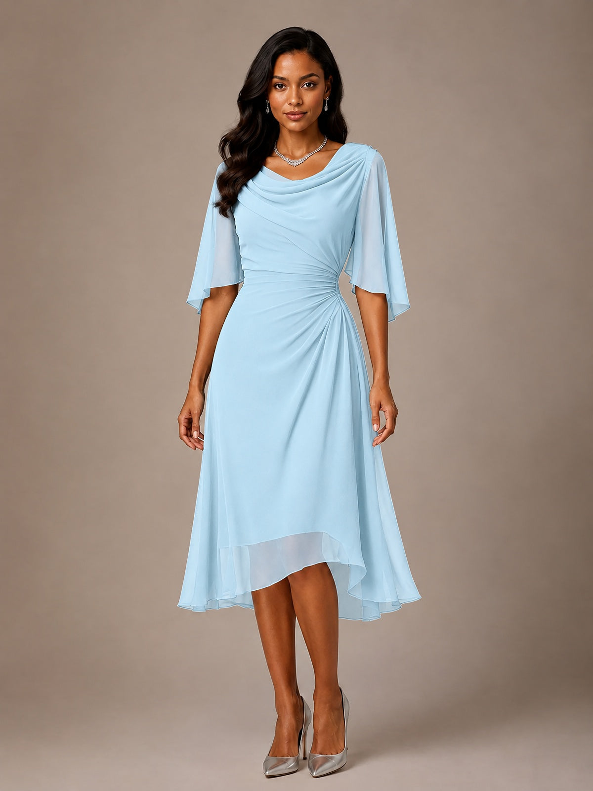 Cowl Neck Ruched Chiffon Mother of the Bride Dresses with Flutter Sleeves