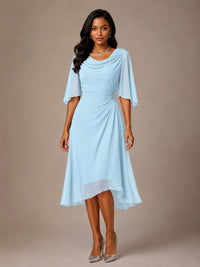 Cowl Neck Ruched Chiffon Mother of the Bride Dresses with Flutter Sleeves