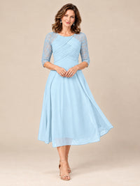 Light Blue-Lace Applique Pleated Tea Length Mother of The Bride Dresses