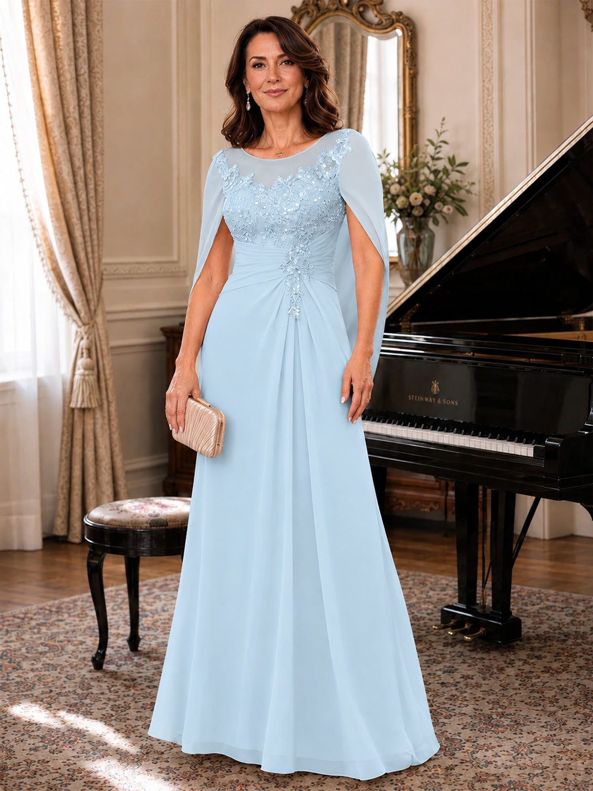 Elegant Applique Chiffon Mother of the Bride Dress with Cape Sleeves
