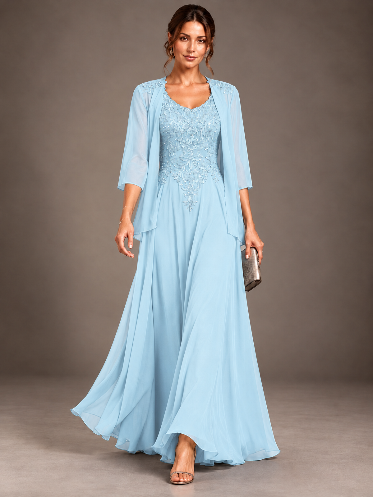 A-line 2 Pieces Chiffon Appliques Mother of The Bride Dresses with Jackets