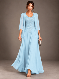 A-line 2 Pieces Chiffon Appliques Mother of The Bride Dresses with Jackets